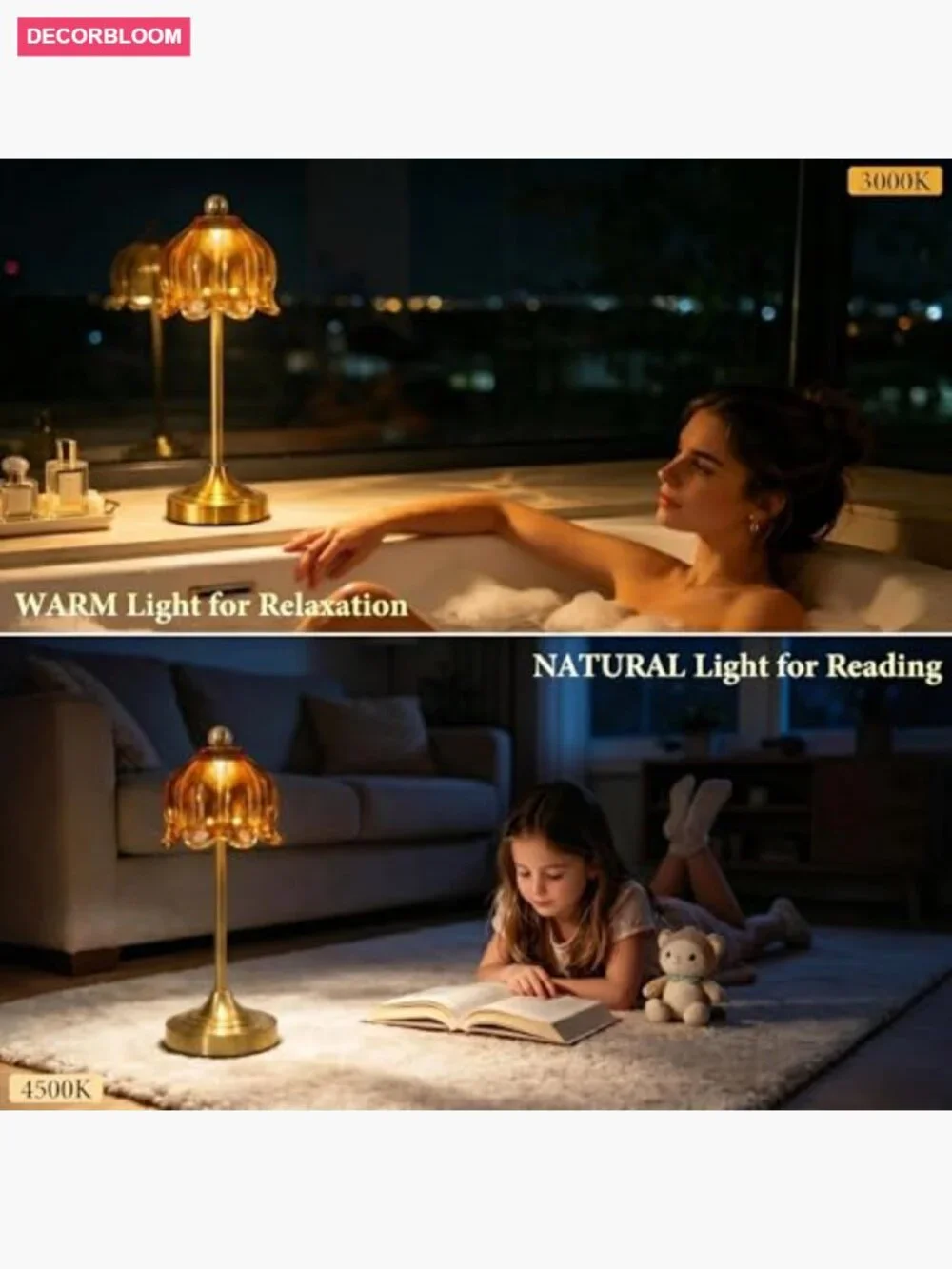 Vintage Tulip Glass Table Lamp Set of 2 Cordless LED Touch Dimmable Accent Light